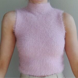 ZARA Women's S Pink Fluffy Soft Knit Mock Neck Sleeveless Retro Sweater Vest